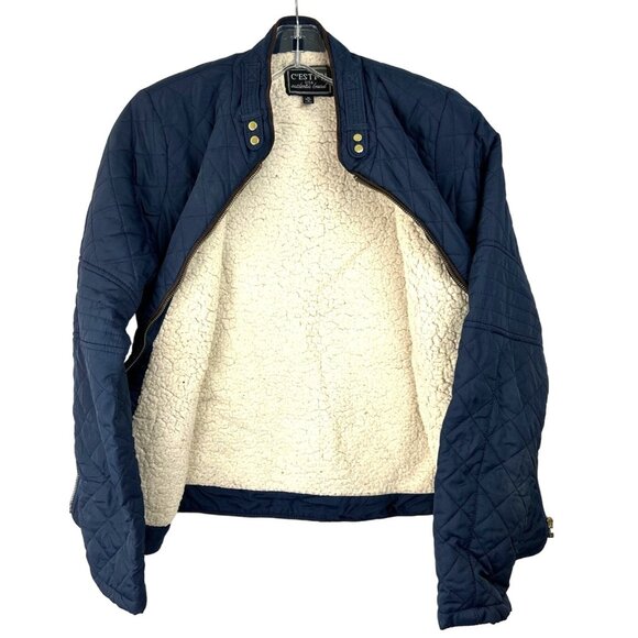 C'Est Toi Quilted Navy Jacket Youth M Sherpa Lining Zipper Pockets & Snap Collar